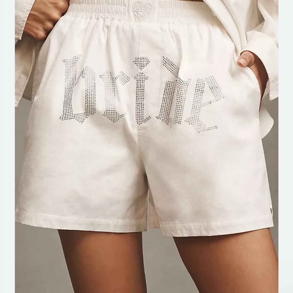 Anthropologie Cream Rhinestone 'Lutie' Logo Shorts